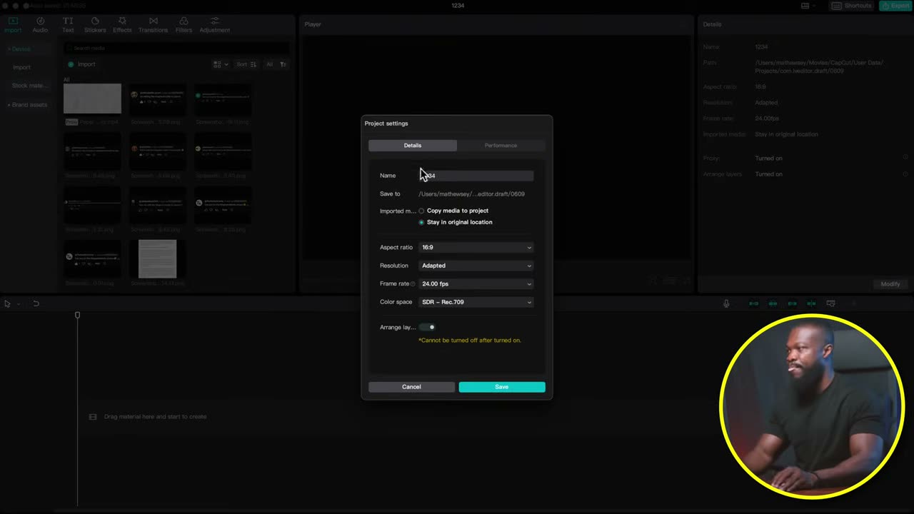 Project settings: aspect ratio e frame rate