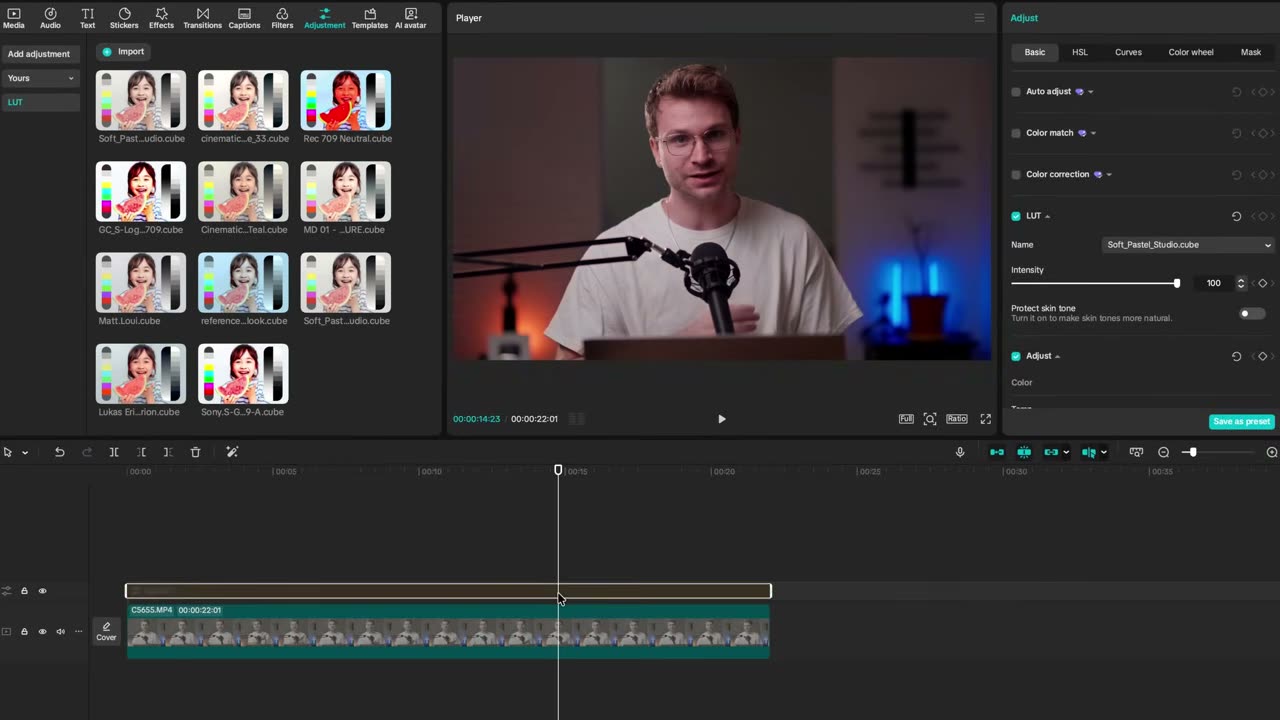 Toggle on/off do LUT sobre a footage