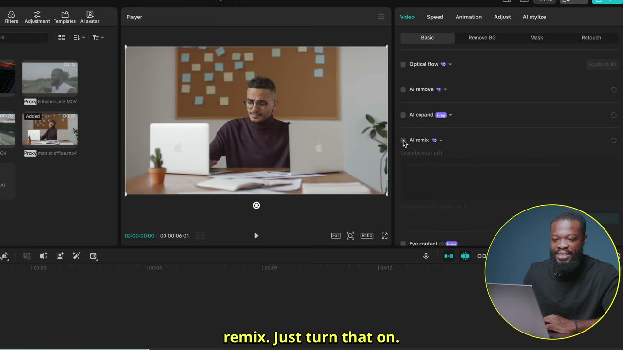 Recurso ativado no painel Video, prompt escrito