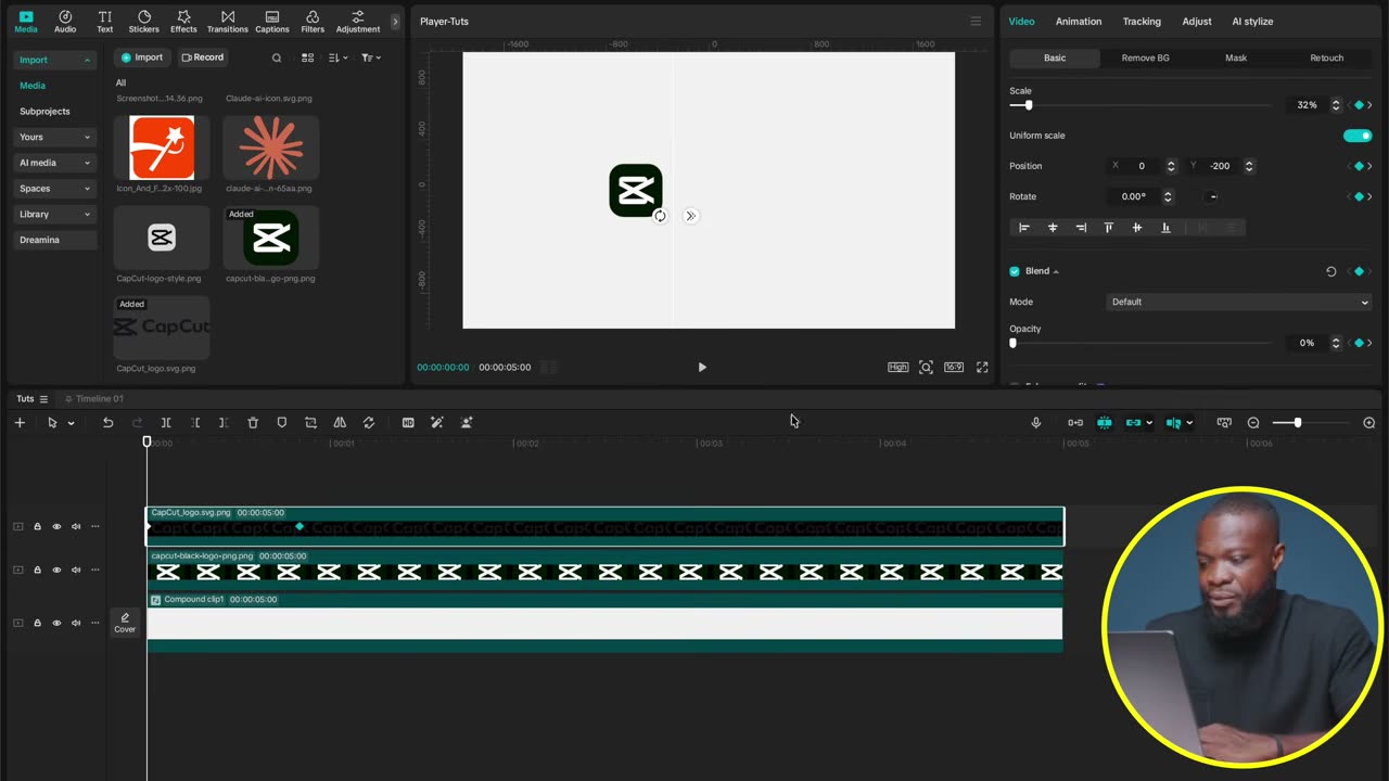 Primeiro keyframe: Y -200 e opacity zerada