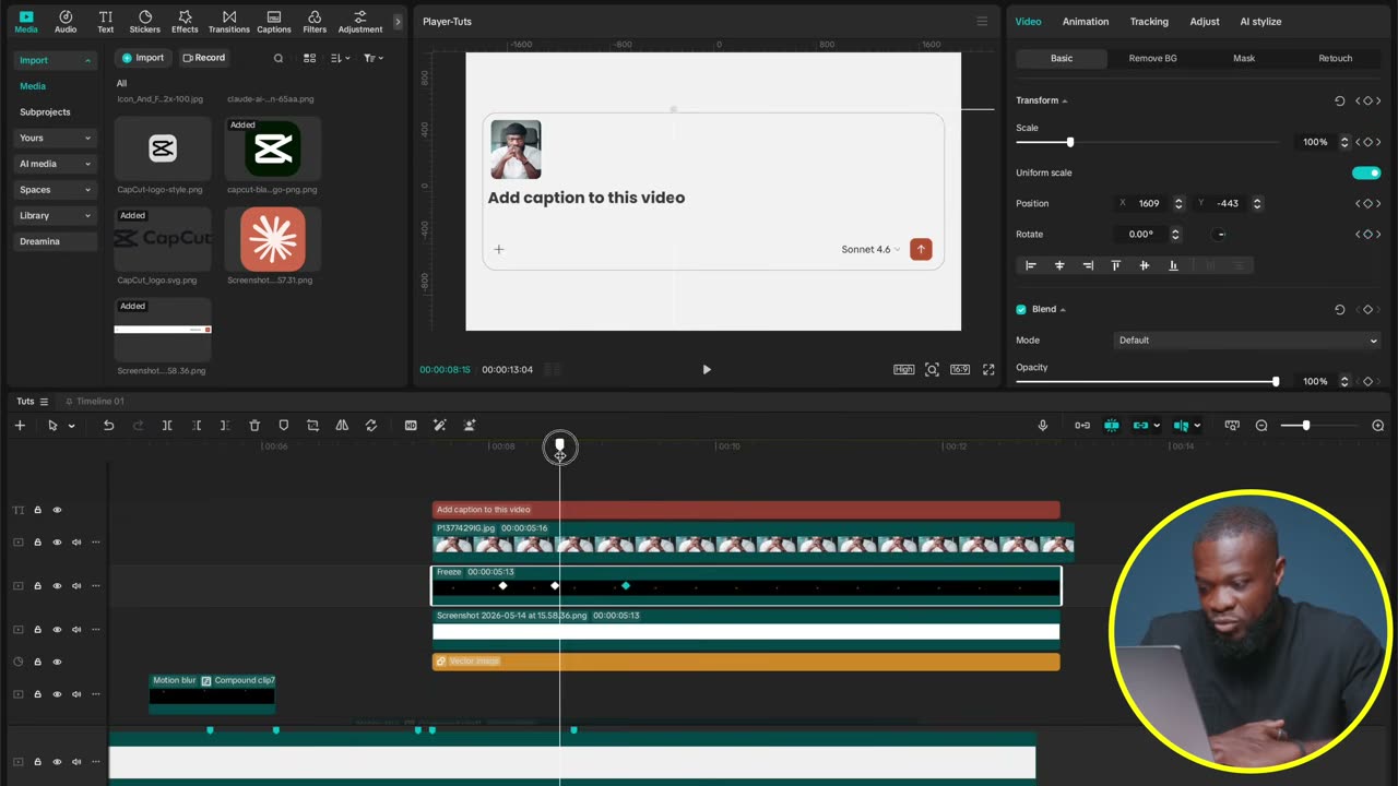 Os 3 keyframes do clique no clip
