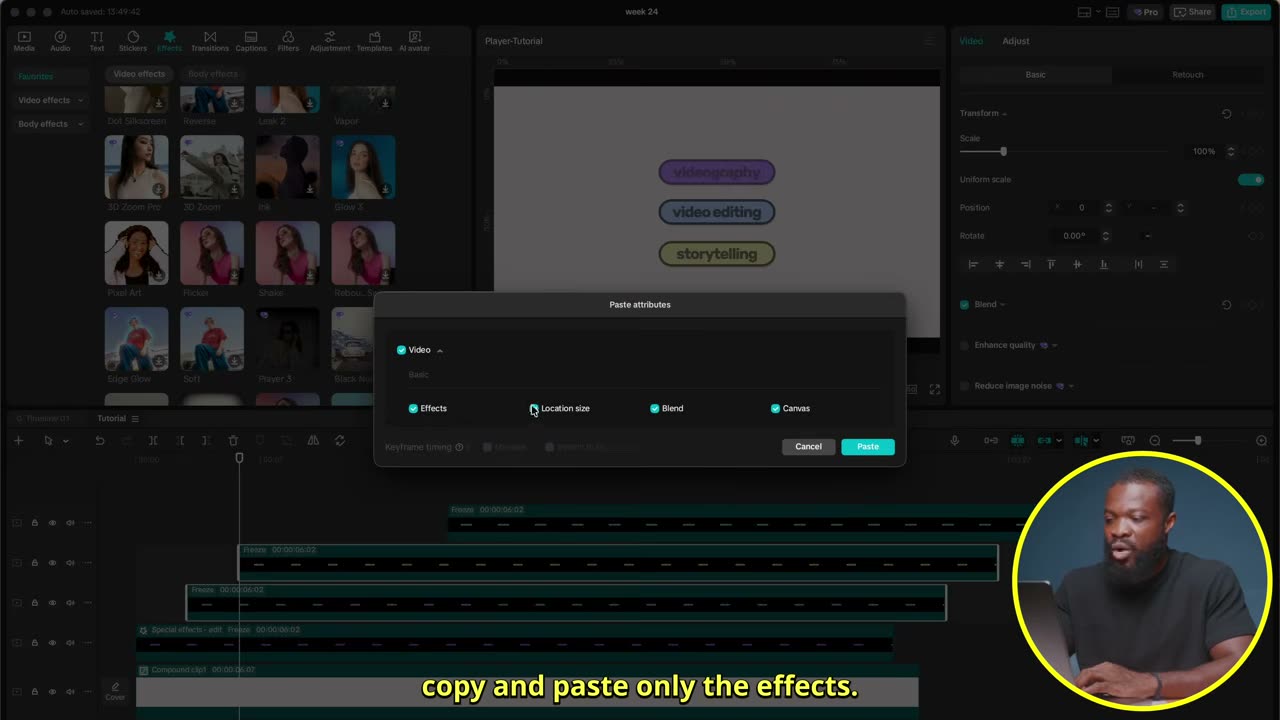 Painel de paste attributes só com Effects ligado