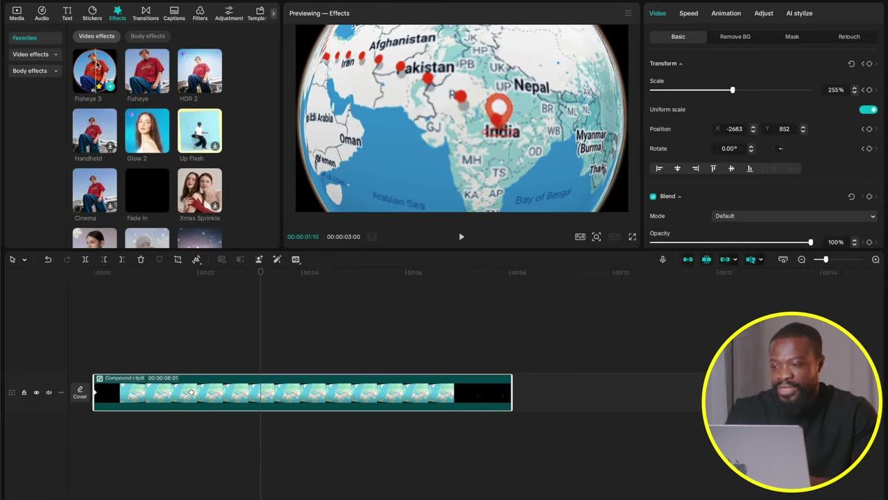 Fish eye curvando o mapa em globo