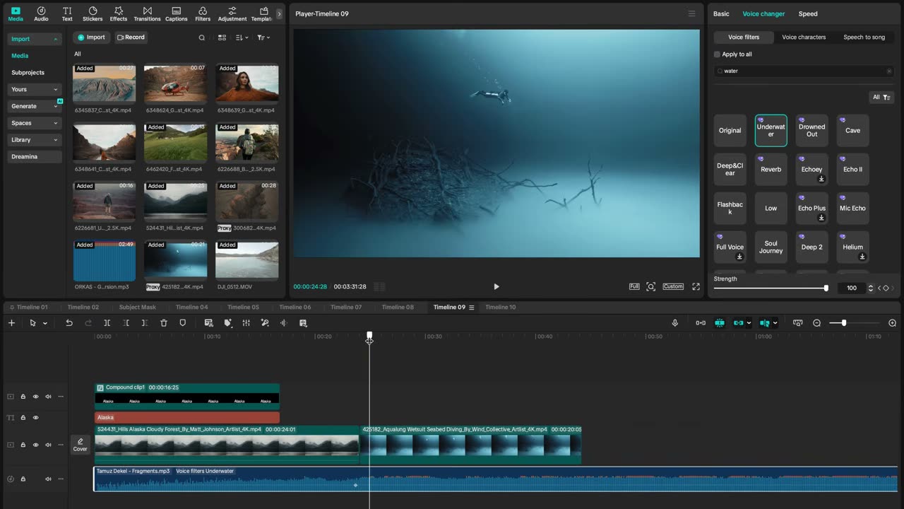 Keyframes de Strength 0→100 na entrada da água