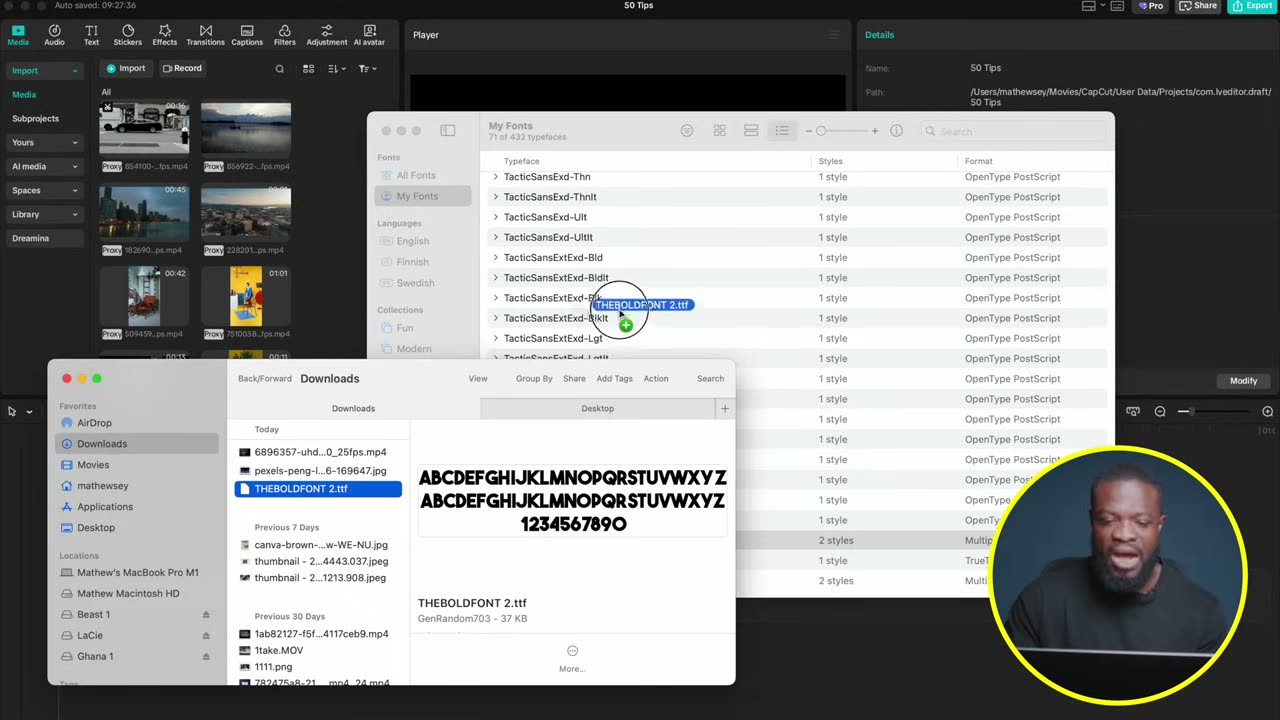 Fonte arrastada pro Font Book
