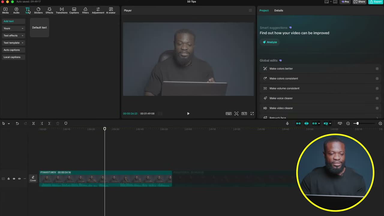 Clip desabilitado com V, captions gerando só do trecho ativo