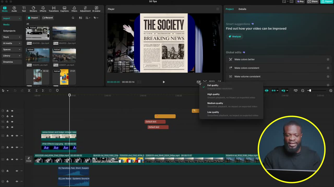 Seletor de playback quality no preview