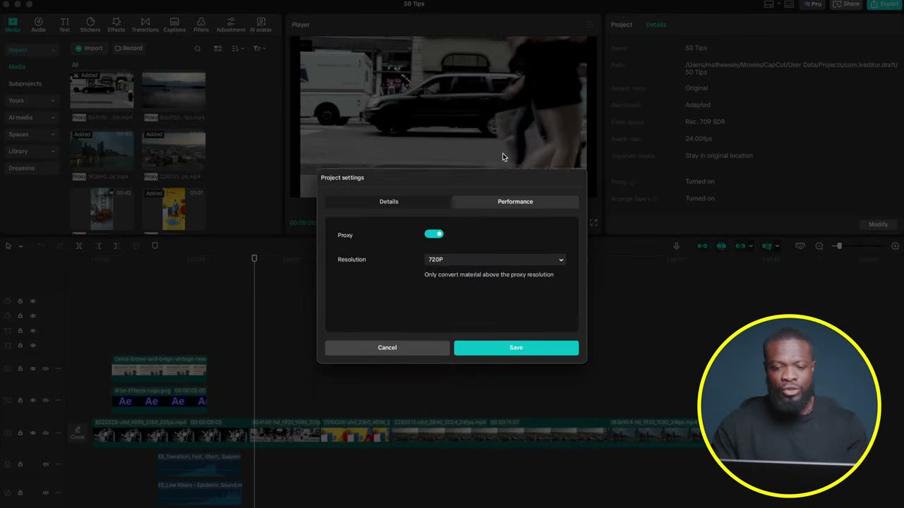 Proxy ligado em 720 nas configurações de performance
