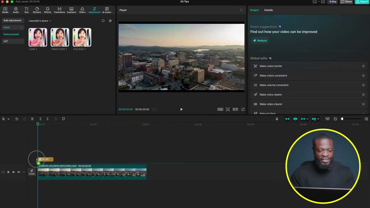 O look salvo em Brand preset aplicado num vídeo novo