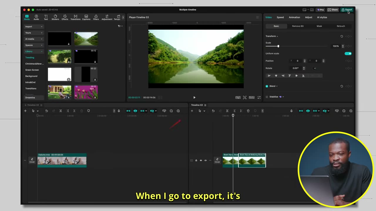 Diálogo de export mostrando qual timeline vai sair