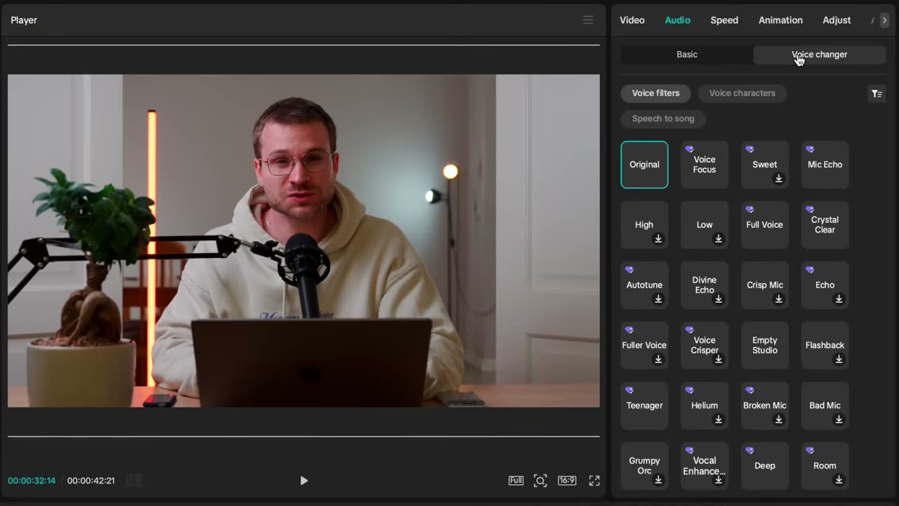 Aba Audio → Voice Changer com os filtros de cenário