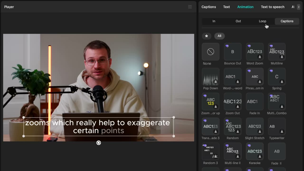 Aba de animações exclusivas de captions
