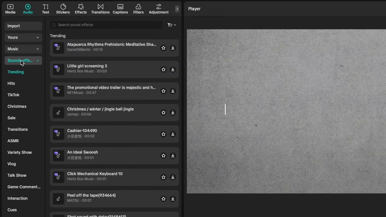 Painel de Sound Effects nativo do editor