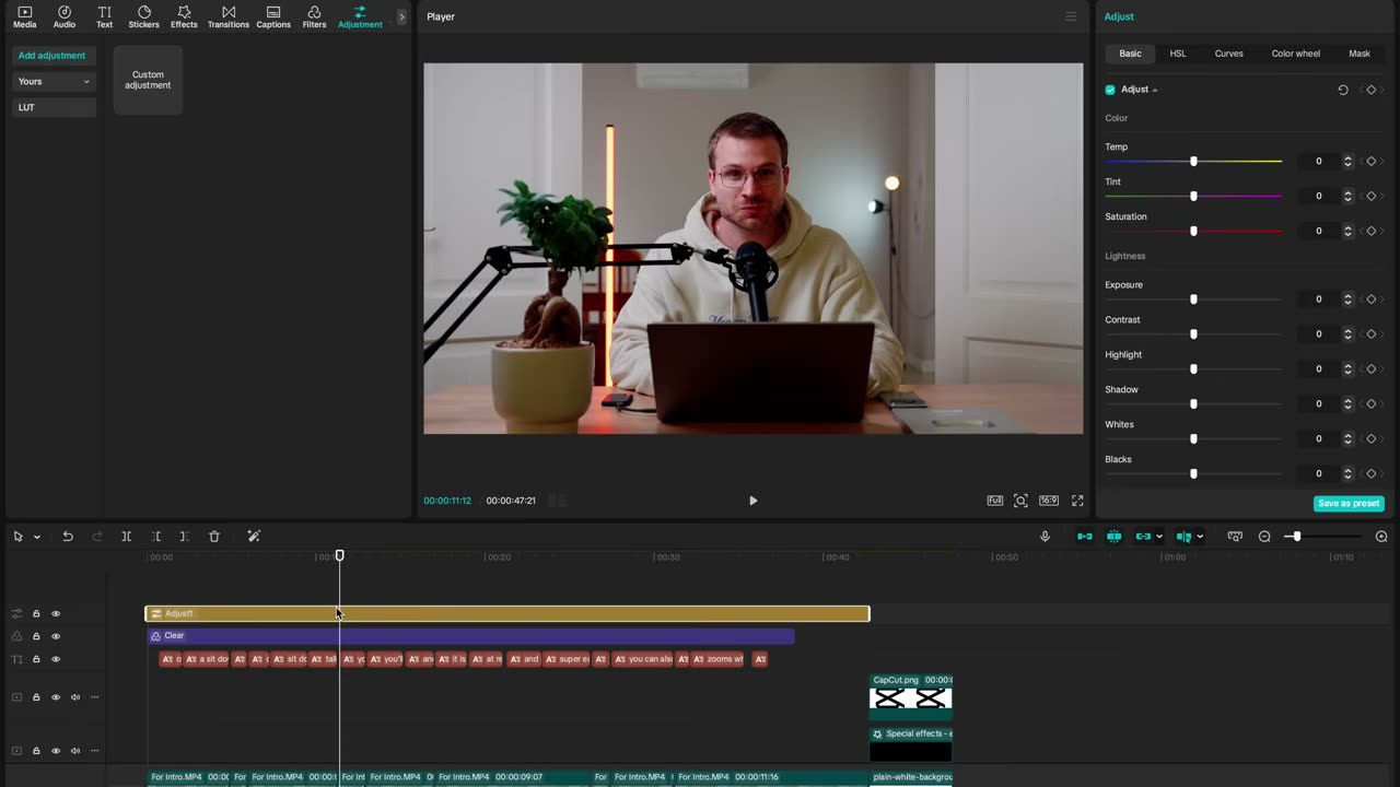 Saturação zerada na camada afeta todos os clipes